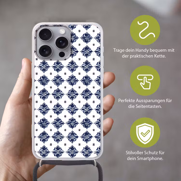 Tegelmotief - Blauw - Wit - Bloem Hoesje iPhone 16 Pro Max met koord klein 804 -sfeer2_DE