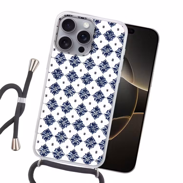 Tegelmotief - Blauw - Wit - Bloem Hoesje iPhone 16 Pro Max met koord klein 804 -sfeer1