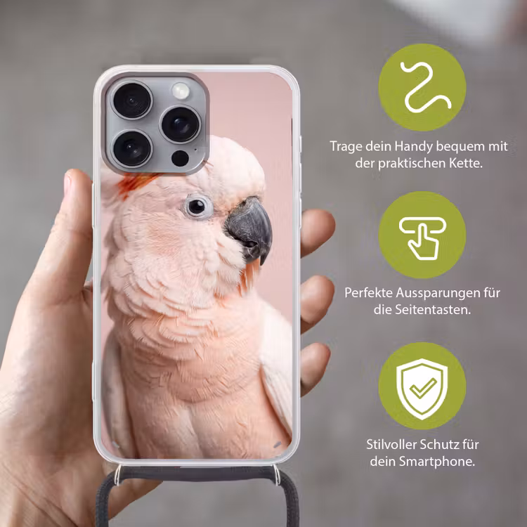 Kaketoe - Portret - Roze Hoesje iPhone 16 Pro Max met koord klein -sfeer2_DE