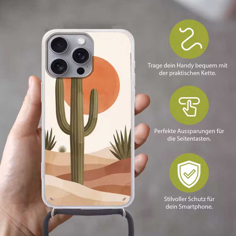 Cactus - Duinen - Modern - Landschap - Groen Hoesje iPhone 16 Pro Max met koord klein -sfeer2_DE