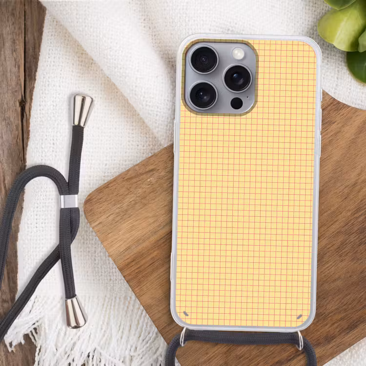 Ruitjes - Grid - Minimalistisch - Geel - Roze Hoesje iPhone 16 Pro Max met koord klein 804 -sfeer4