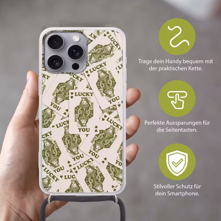 Kaarten - Koningin - Patroon - Groen - Spel Hoesje iPhone 16 Pro Max met koord klein -sfeer2_DE