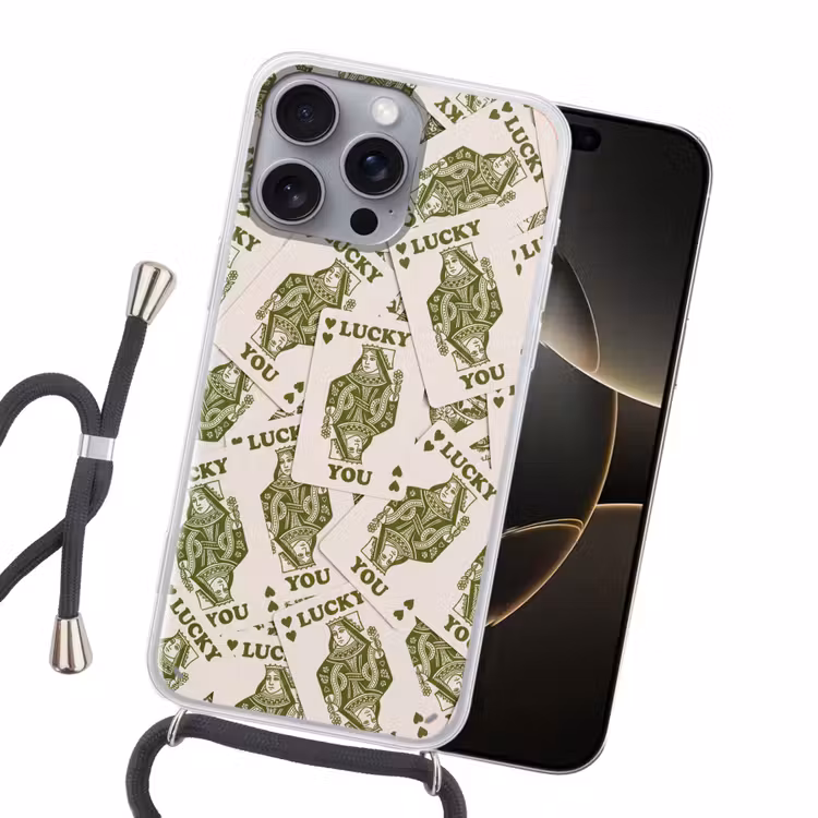Kaarten - Koningin - Patroon - Groen - Spel Hoesje iPhone 16 Pro Max met koord klein -sfeer1