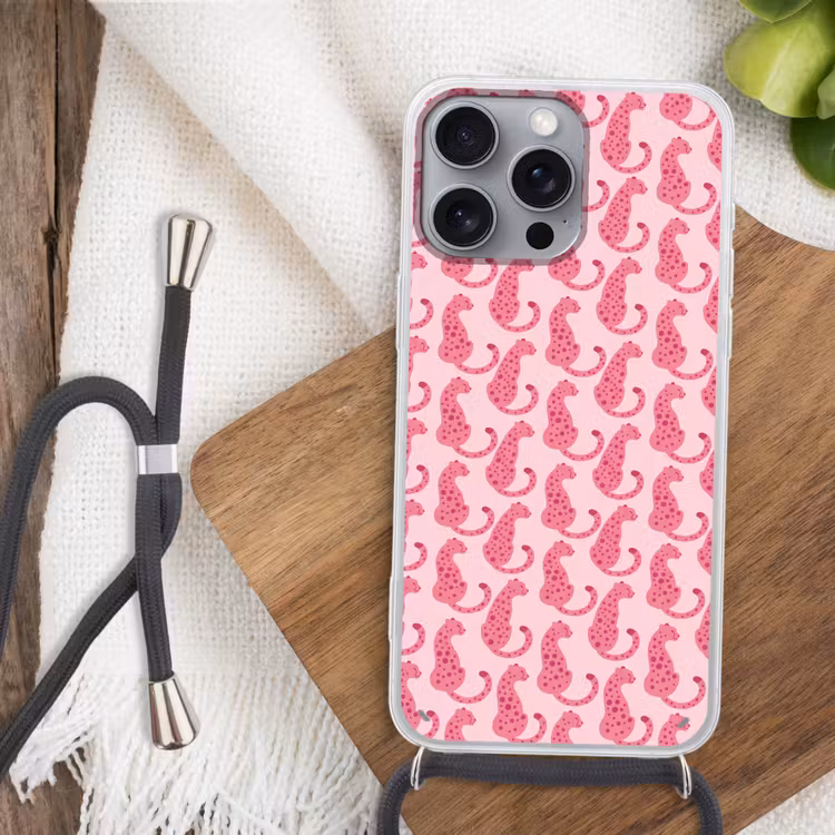 Kat - Gevlekt - Dieren - Patroon - Roze Hoesje iPhone 16 Pro Max met koord klein -sfeer4