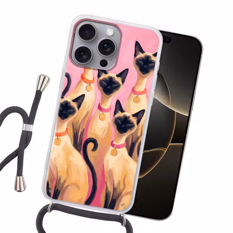 Kat - Groep - Dieren - Modern - Roze Hoesje iPhone 16 Pro Max met koord klein -sfeer1