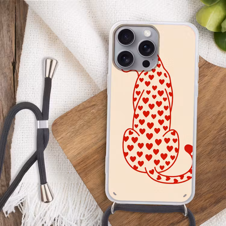 Kat - Harten - Dieren - Modern - Rood Hoesje iPhone 16 Pro Max met koord klein -sfeer4