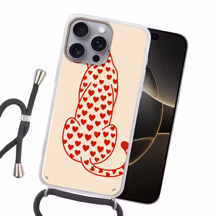 Kat - Harten - Dieren - Modern - Rood Hoesje iPhone 16 Pro Max met koord klein -sfeer1