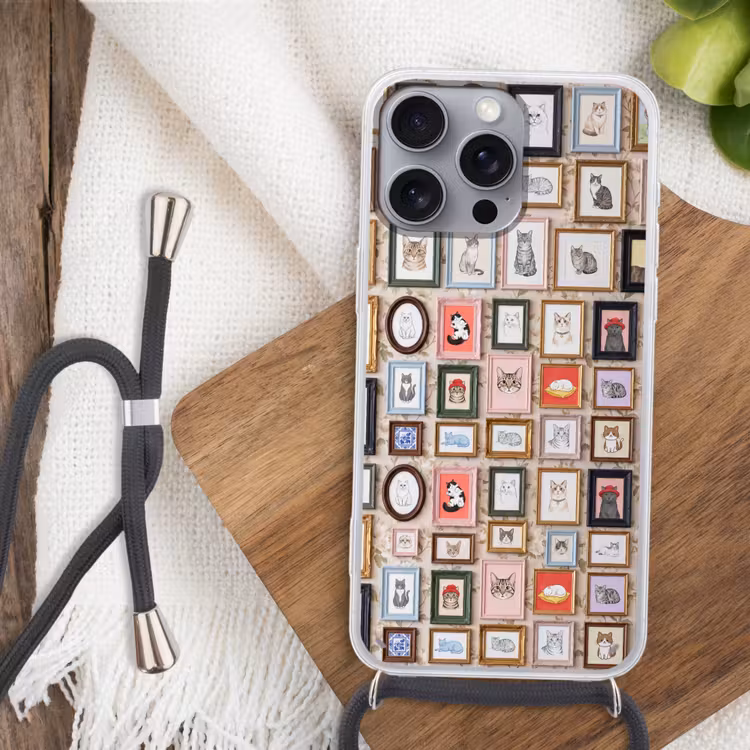 Kat - Portret - Dieren - Illustratie - Lijst Hoesje iPhone 16 Pro Max met koord klein -sfeer4