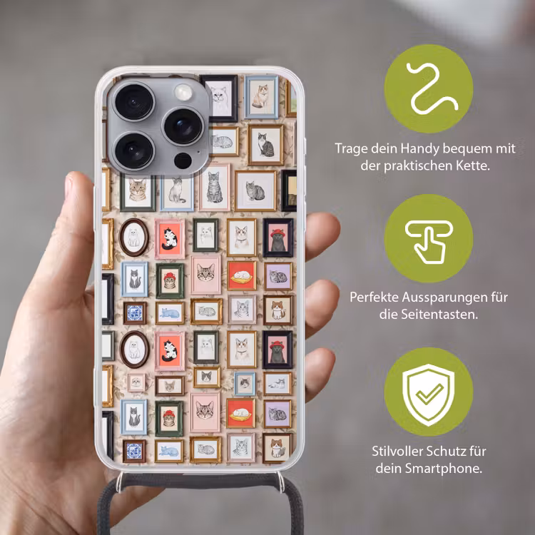 Kat - Portret - Dieren - Illustratie - Lijst Hoesje iPhone 16 Pro Max met koord klein -sfeer2_DE