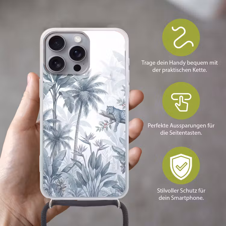 Kat - Tropisch bos - Modern - Grijs Hoesje iPhone 16 Pro Max met koord klein -sfeer2_DE