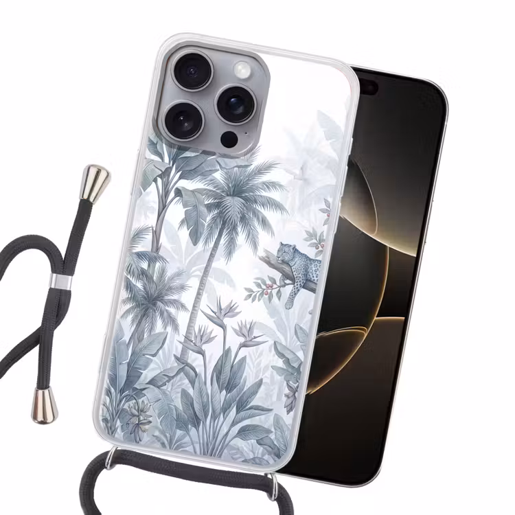 Kat - Tropisch bos - Modern - Grijs Hoesje iPhone 16 Pro Max met koord klein -sfeer1