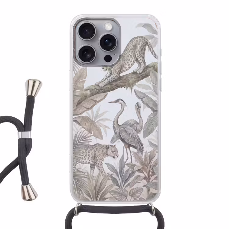 Kat - Vogel - Jungle - Illustratie - Dieren Hoesje iPhone 16 Pro Max met koord klein -3d