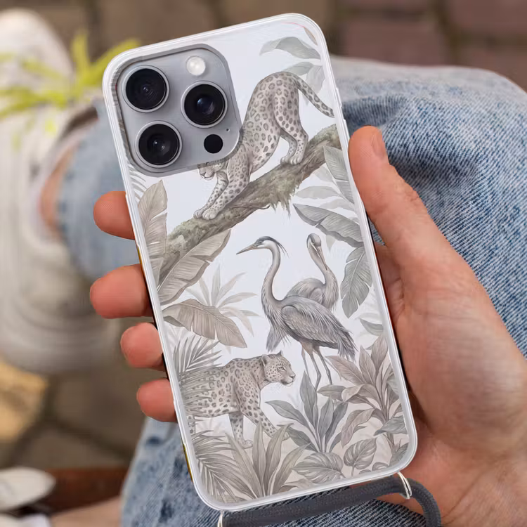 Kat - Vogel - Jungle - Illustratie - Dieren Hoesje iPhone 16 Pro Max met koord klein -sfeer3