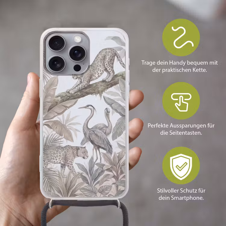 Kat - Vogel - Jungle - Illustratie - Dieren Hoesje iPhone 16 Pro Max met koord klein -sfeer2_DE