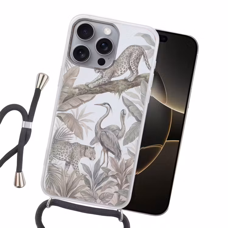 Kat - Vogel - Jungle - Illustratie - Dieren Hoesje iPhone 16 Pro Max met koord klein -sfeer1