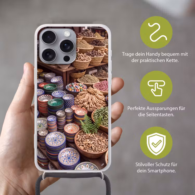 Handyhülle mit Band - Keramik – Orientalisch – Farbenfroh - Aardewerk - Oosters - Kleurrijk Hoesje iPhone 16 Pro Max met koord klein