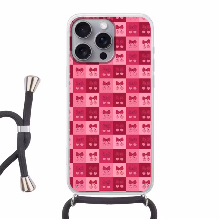 Kersen - Strikjes - Speels - Roze - Bordeaux Hoesje iPhone 16 Pro Max met koord klein 804 -3d
