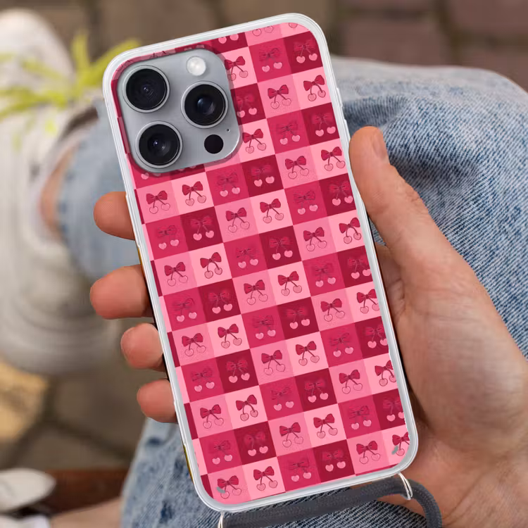 Kersen - Strikjes - Speels - Roze - Bordeaux Hoesje iPhone 16 Pro Max met koord klein 804 -sfeer3