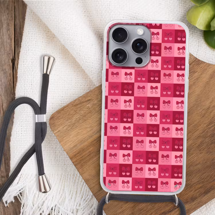 Kersen - Strikjes - Speels - Roze - Bordeaux Hoesje iPhone 16 Pro Max met koord klein 804 -sfeer4