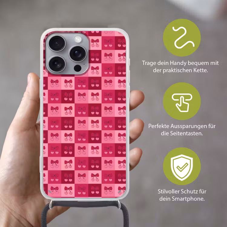 Kersen - Strikjes - Speels - Roze - Bordeaux Hoesje iPhone 16 Pro Max met koord klein 804 -sfeer2_DE