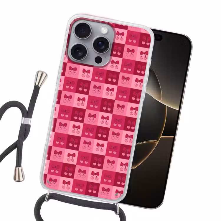Kersen - Strikjes - Speels - Roze - Bordeaux Hoesje iPhone 16 Pro Max met koord klein 804 -sfeer1