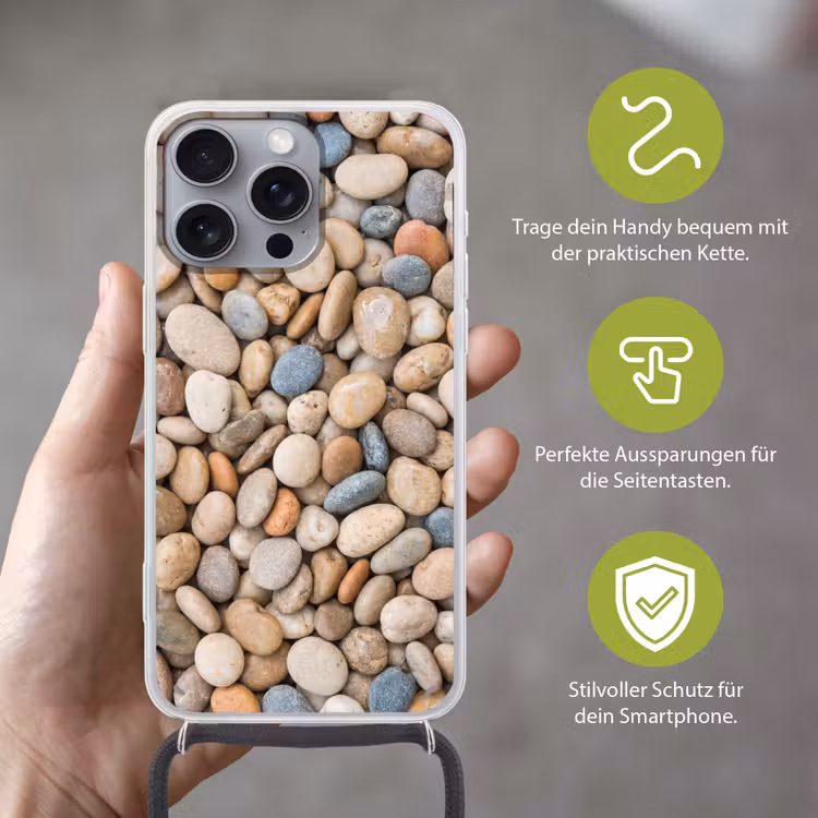 Kiezelstenen - Natuur - Textuur - Beige - Grijs Hoesje iPhone 16 Pro Max met koord klein -sfeer2_DE