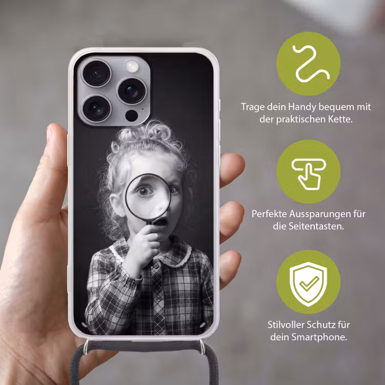 Kind - Vergrootglas - Portret - Zwart-wit Hoesje iPhone 16 Pro Max met koord klein -sfeer2_DE