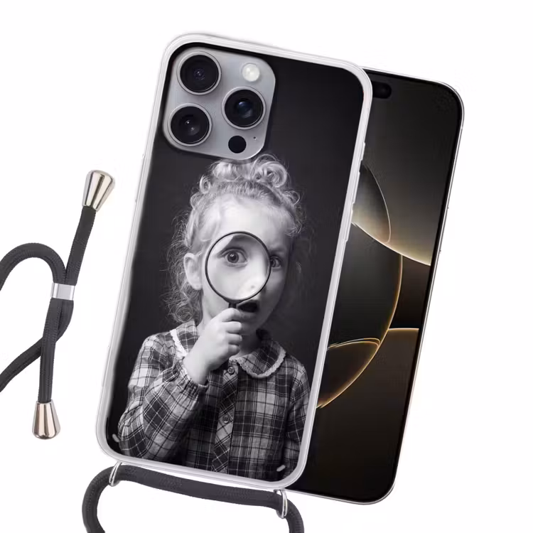 Kind - Vergrootglas - Portret - Zwart-wit Hoesje iPhone 16 Pro Max met koord klein -sfeer1