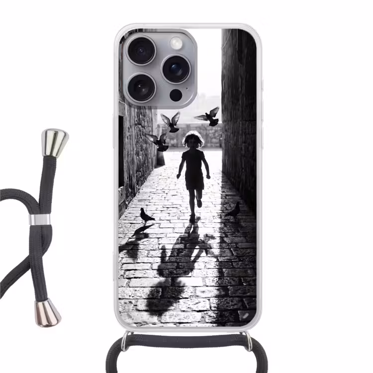 Kind - Vogel - Straat - Zwart-wit - Spelen Hoesje iPhone 16 Pro Max met koord klein -3d