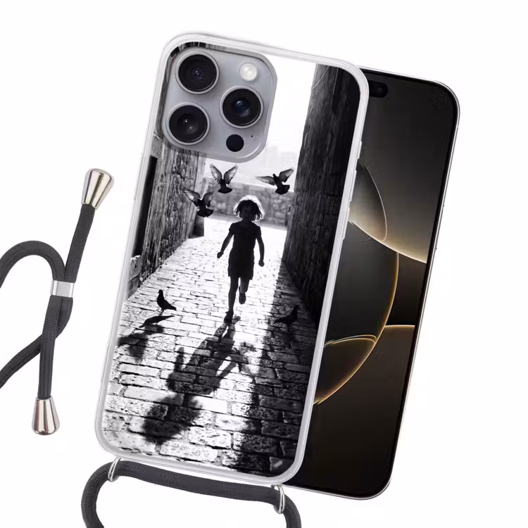 Kind - Vogel - Straat - Zwart-wit - Spelen Hoesje iPhone 16 Pro Max met koord klein -sfeer1