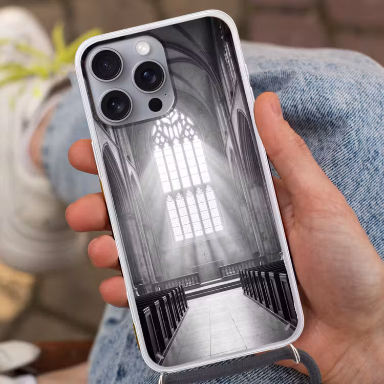 Kerk - Interieur - Lichtstralen - Architectuur - Klassiek Hoesje iPhone 16 Pro Max met koord klein -sfeer3