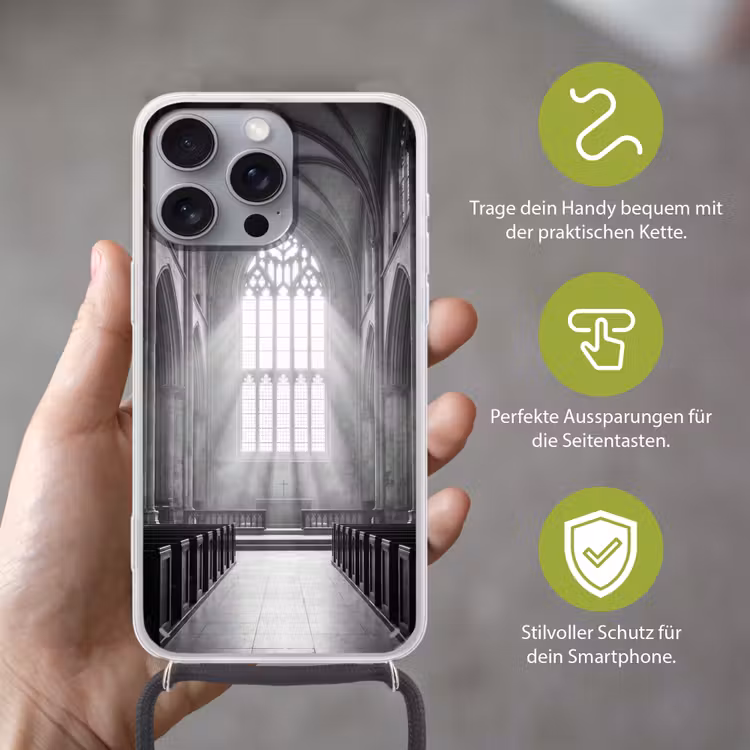 Kerk - Interieur - Lichtstralen - Architectuur - Klassiek Hoesje iPhone 16 Pro Max met koord klein -sfeer2_DE