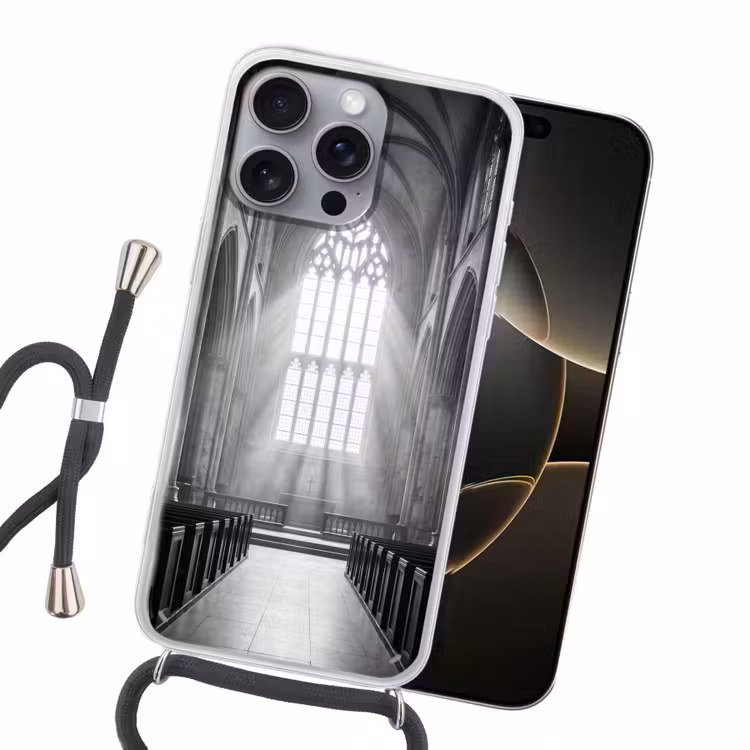 Kerk - Interieur - Lichtstralen - Architectuur - Klassiek Hoesje iPhone 16 Pro Max met koord klein -sfeer1