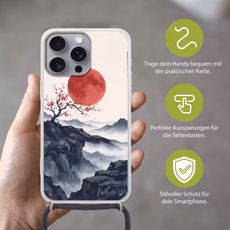 Kersenbloesem - Oosters - Rood Hoesje iPhone 16 Pro Max met koord klein -sfeer2_DE