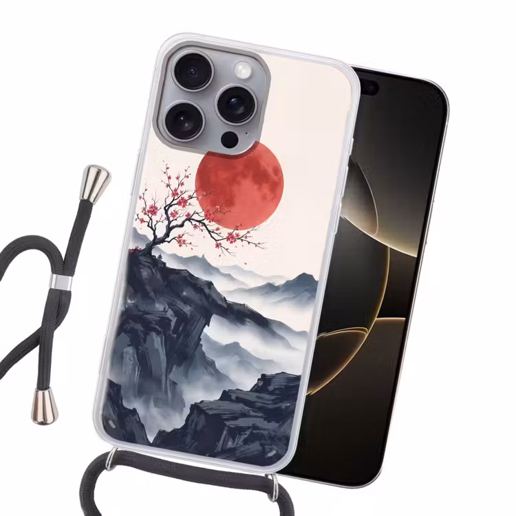 Kersenbloesem - Oosters - Rood Hoesje iPhone 16 Pro Max met koord klein -sfeer1
