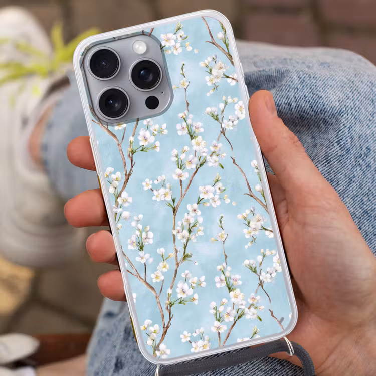Kersenbloesem - Textuur - Blauw Hoesje iPhone 16 Pro Max met koord klein 804 -sfeer3