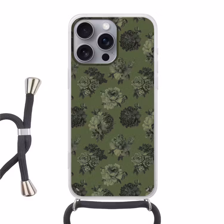 Klassiek - botanisch - olijfgroen - bloemen Hoesje iPhone 16 Pro Max met koord klein 804 -3d