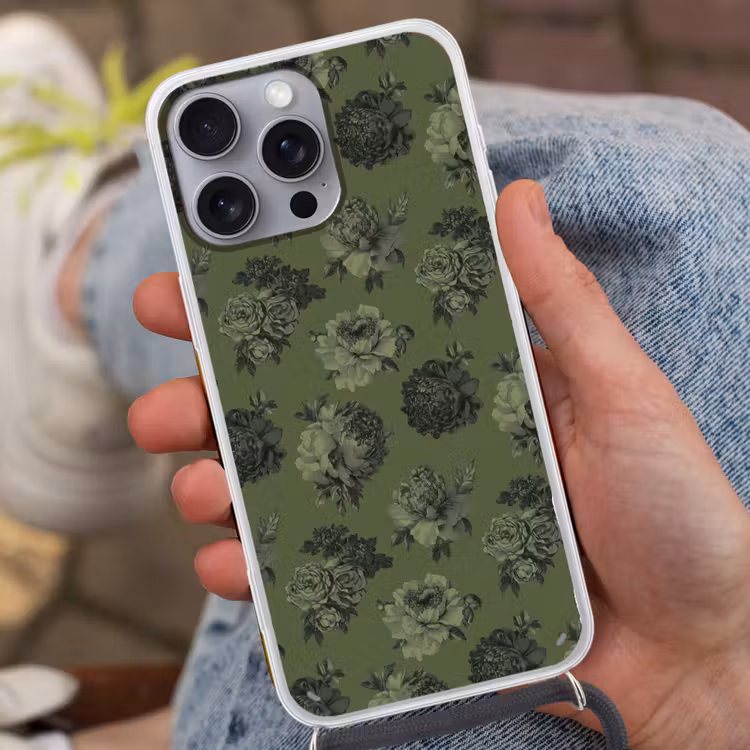 Klassiek - botanisch - olijfgroen - bloemen Hoesje iPhone 16 Pro Max met koord klein 804 -sfeer3