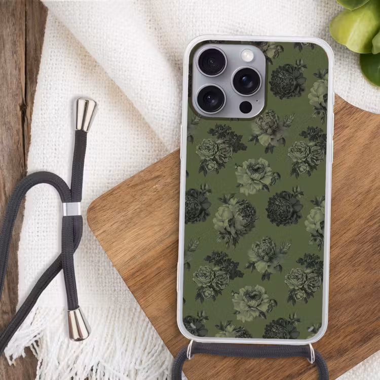 Klassiek - botanisch - olijfgroen - bloemen Hoesje iPhone 16 Pro Max met koord klein 804 -sfeer4