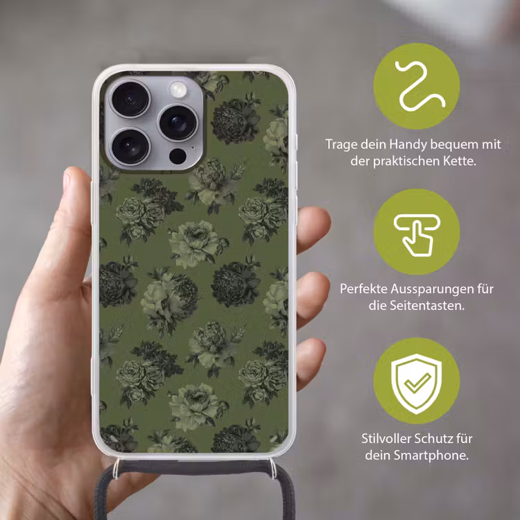 Klassiek - botanisch - olijfgroen - bloemen Hoesje iPhone 16 Pro Max met koord klein 804 -sfeer2_DE
