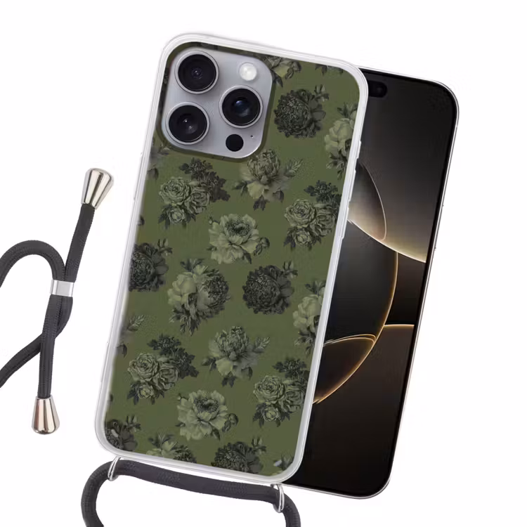 Klassiek - botanisch - olijfgroen - bloemen Hoesje iPhone 16 Pro Max met koord klein 804 -sfeer1