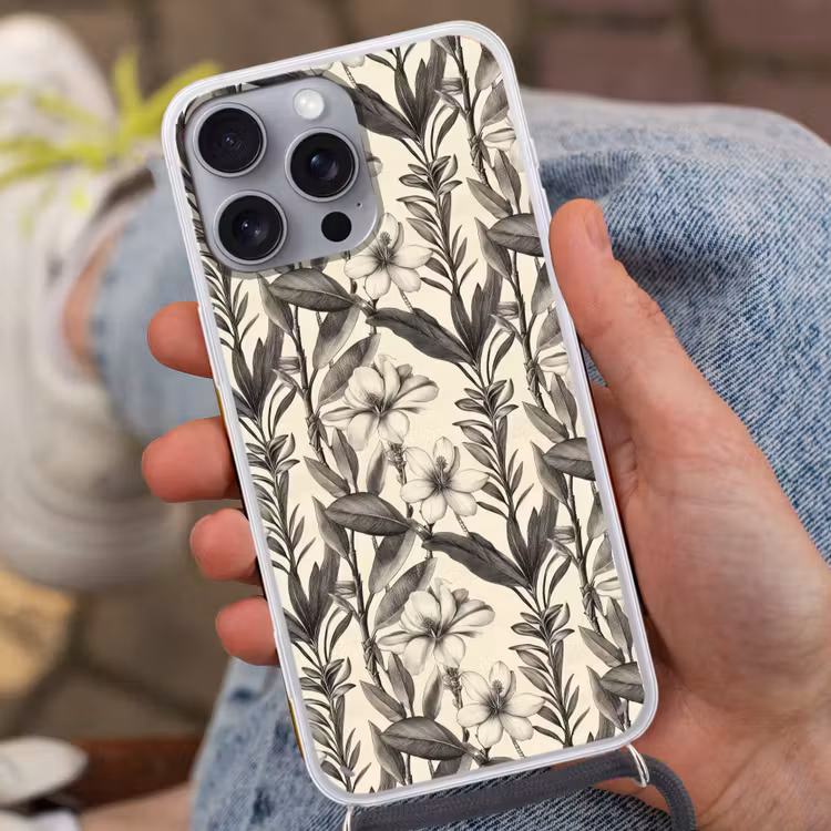 Klassiek - Botanisch - Zwart - Beige Hoesje iPhone 16 Pro Max met koord klein 804 -sfeer3