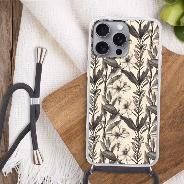 Klassiek - Botanisch - Zwart - Beige Hoesje iPhone 16 Pro Max met koord klein 804 -sfeer4