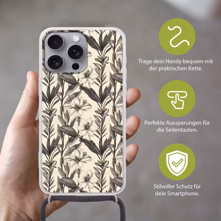 Klassiek - Botanisch - Zwart - Beige Hoesje iPhone 16 Pro Max met koord klein 804 -sfeer2_DE