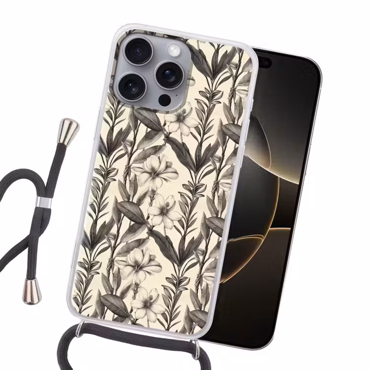 Klassiek - Botanisch - Zwart - Beige Hoesje iPhone 16 Pro Max met koord klein 804 -sfeer1
