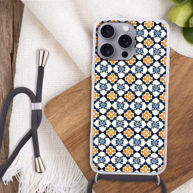 Klassiek - Geometrisch - Blauw Hoesje iPhone 16 Pro Max met koord klein 804 -sfeer4