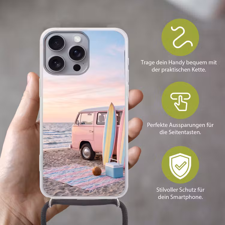 Busje - Strand - Surfplank - Zomer - Roze Hoesje iPhone 16 Pro Max met koord klein -sfeer2_DE