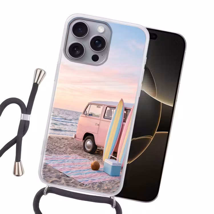 Busje - Strand - Surfplank - Zomer - Roze Hoesje iPhone 16 Pro Max met koord klein -sfeer1