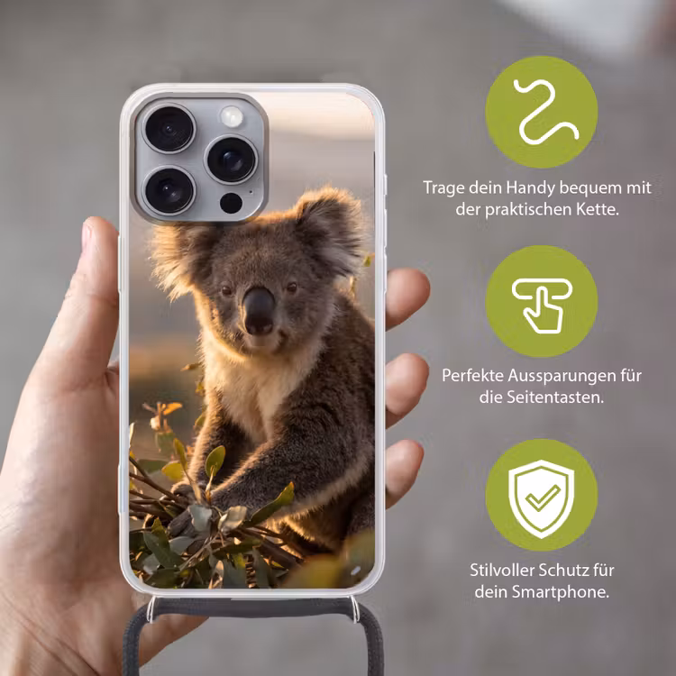 Koala - Bladeren - Ochtendlicht Hoesje iPhone 16 Pro Max met koord klein -sfeer2_DE