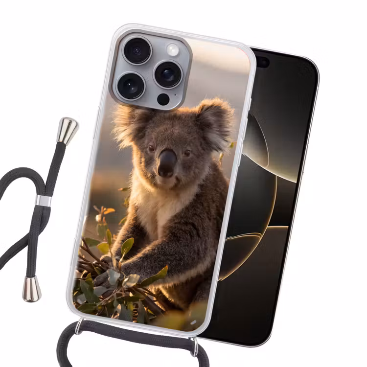 Koala - Bladeren - Ochtendlicht Hoesje iPhone 16 Pro Max met koord klein -sfeer1